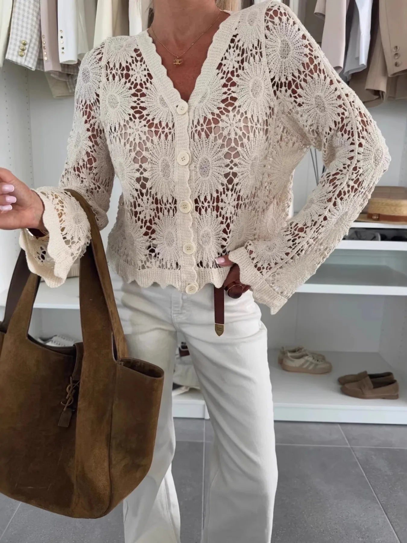 Lace V-Neck Button-Up Cardigan - adritiX