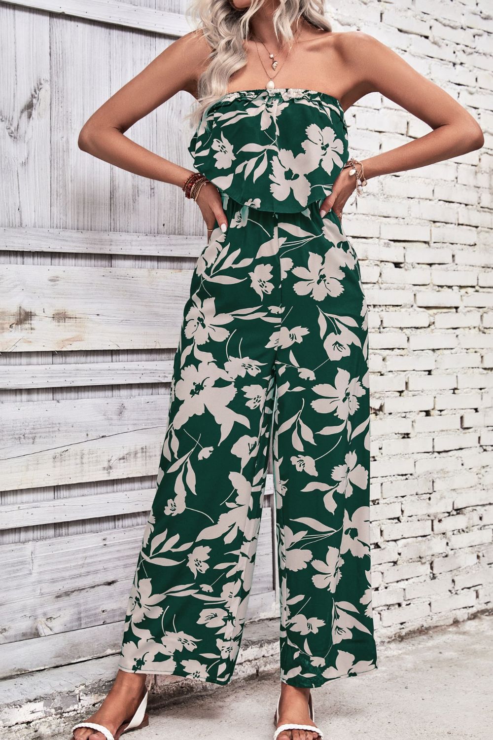 Elegant Perfee Floral Strapless Wide Leg Jumpsuit - adritiX
