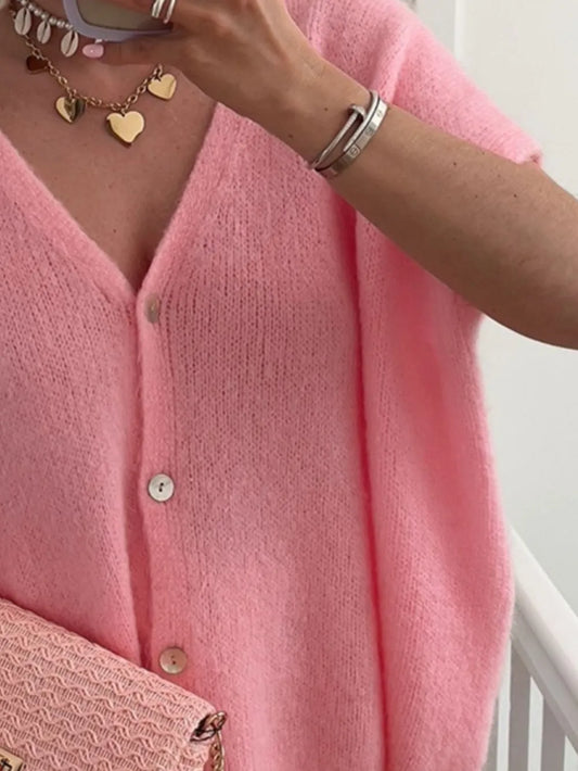 V-Neck Button Up Short Sleeve Cardigan - adritiX