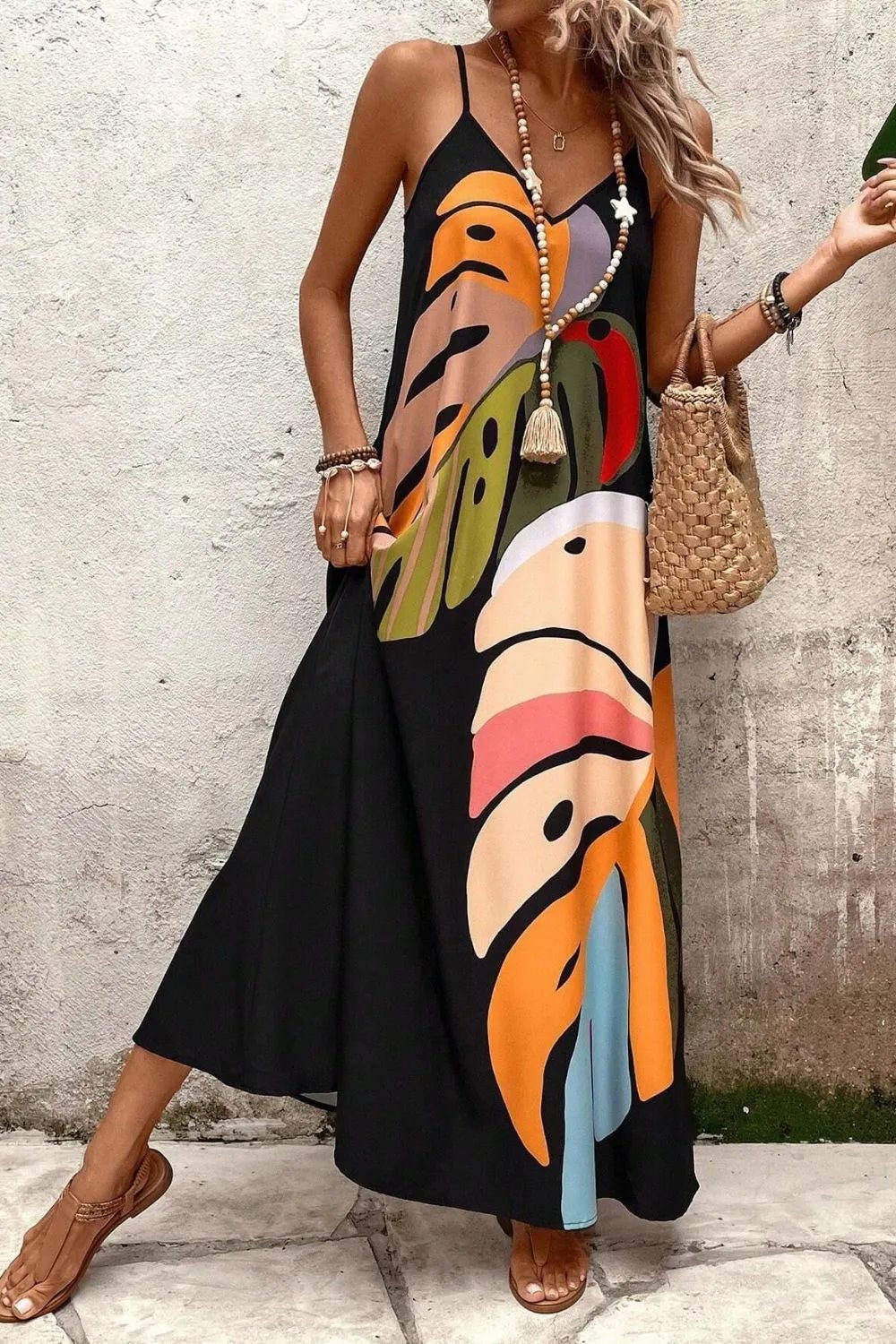 Tropical Leaf Print V-Neck Maxi Cami Dress - adritiX