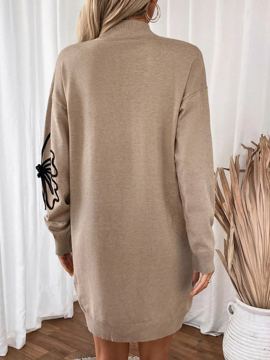 Perfee Flower Mock Neck Long Sleeve Sweater Dress - adritiX
