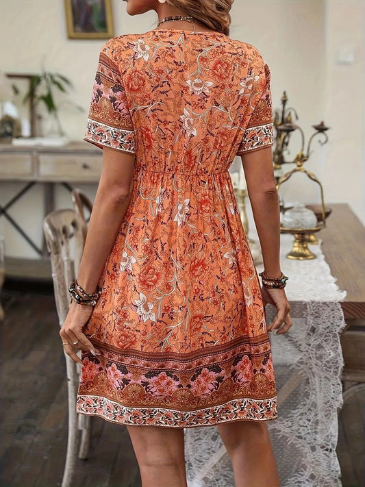 Printed Tie Neck Short Sleeve Summer Dress - adritiX