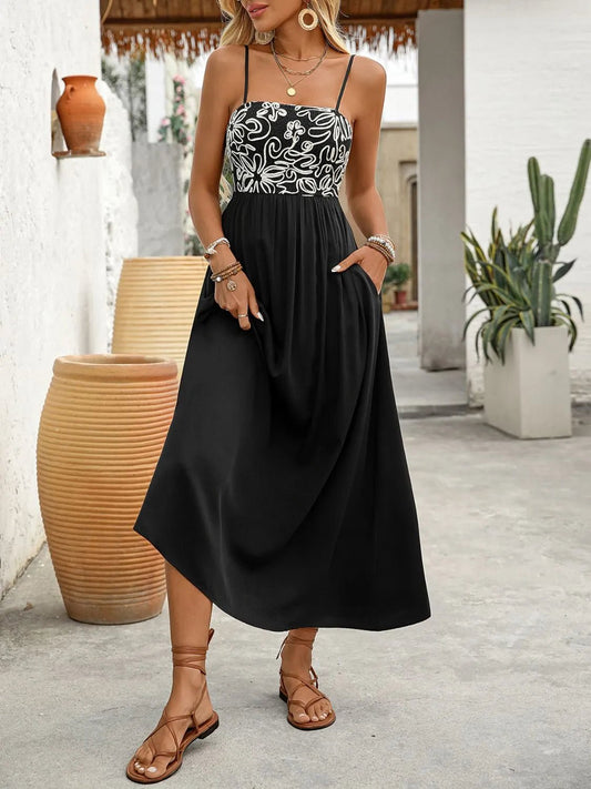 Elegant Smocked Midi Cami Dress with Pockets - adritiX