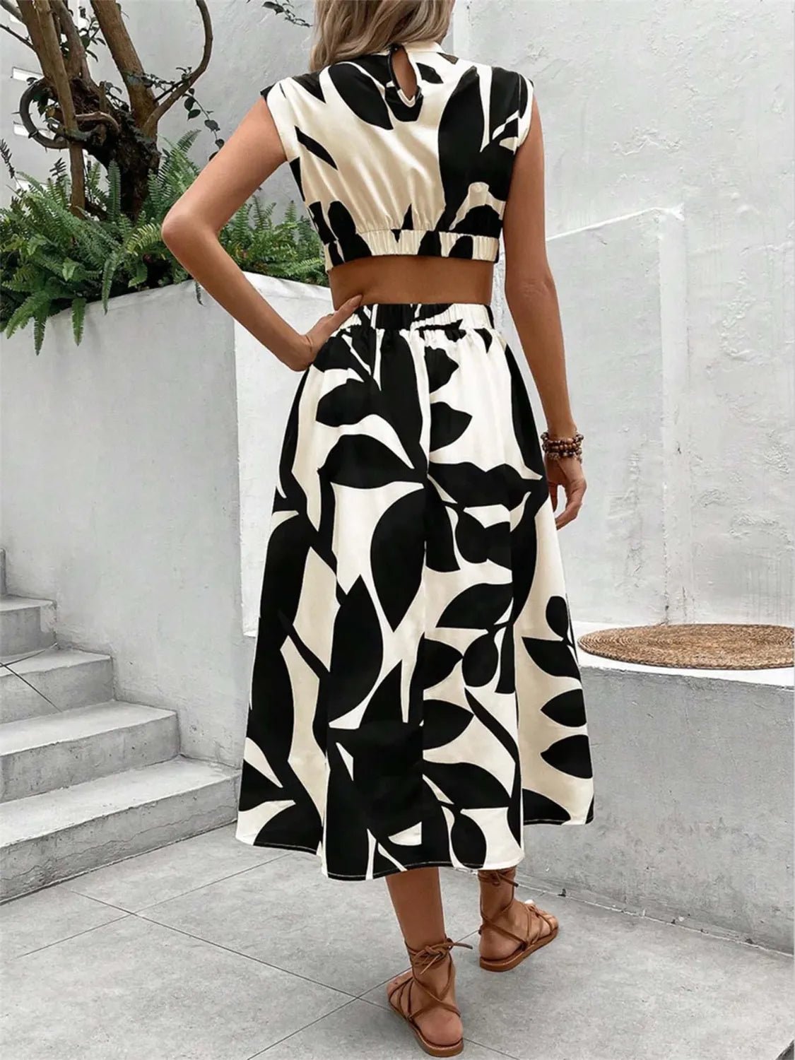 Cutout Printed Cap Sleeve Midi Dress - adritiX