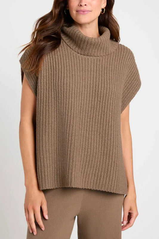 Slit Turtleneck Cap Sleeve Sweater - adritiX