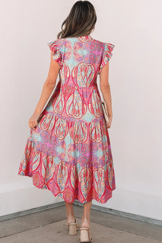 Tribal Paisley Print Ruffled Sleeve Notch Neck Midi Dress - adritiX