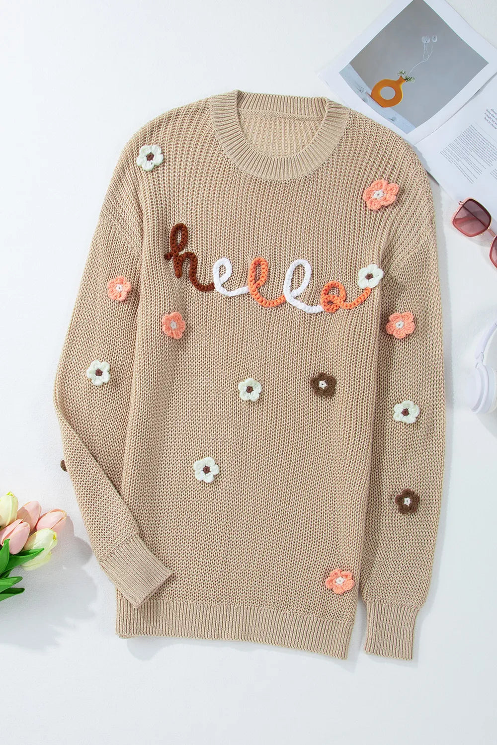 HELLO Flower Round Neck Long Sleeve Sweater - adritiX