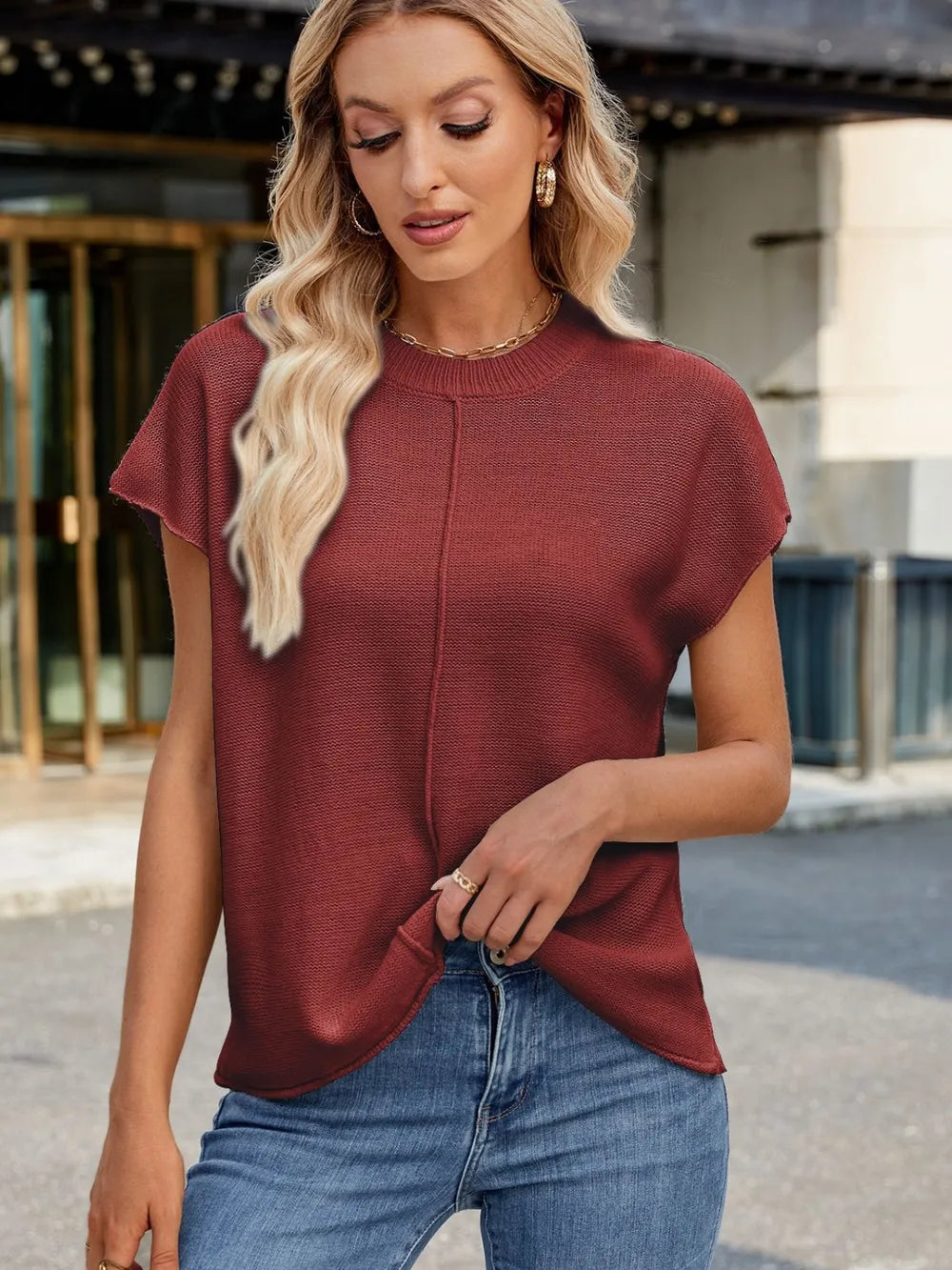 Exposed Seam Round Neck Short Sleeve Sweater - adritiX