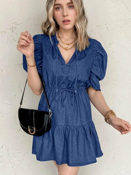 Drawstring High Waist Puff Sleeve Denim Mini Dress - adritiX