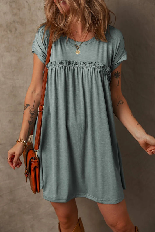 Frilled Gathered Seam Round Neck T Shirt Dress - adritiX