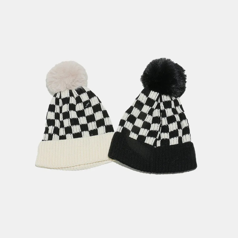 Checkered Knit Hat with Pompom - adritiX