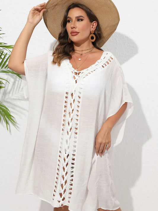 Crochet Trim V-Neck Beach Cover Up Dress - adritiX
