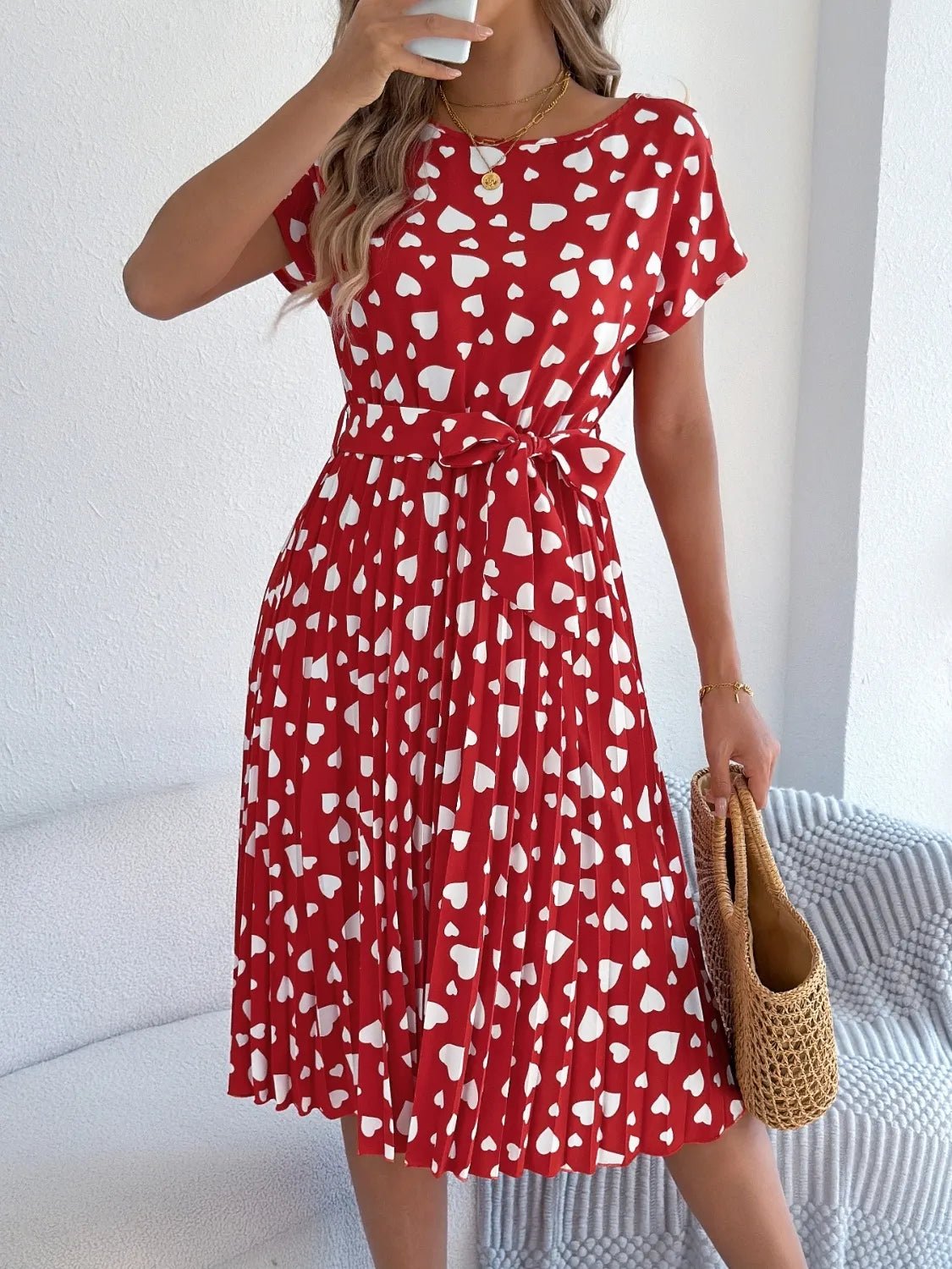 Heart Print Short Sleeve Tie Waist Dress - adritiX