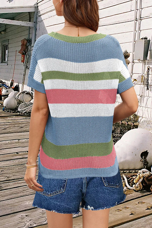 Striped Round Neck Short Sleeve Knit Top - adritiX
