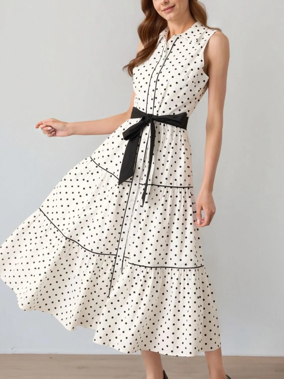 Polka Dot Sleeveless Midi Shirt Dress - adritiX