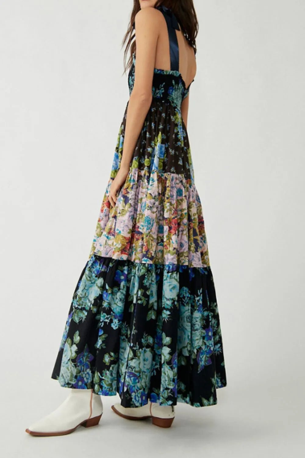 Floral Tiered Maxi Dress with Mixed Print Design - adritiX