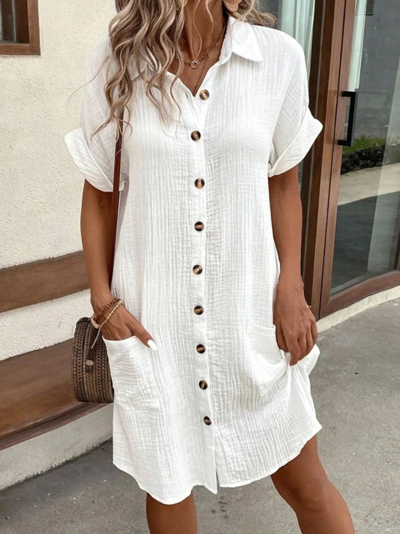Casual Button Down Cotton Shirt Dress with Pockets - adritiX