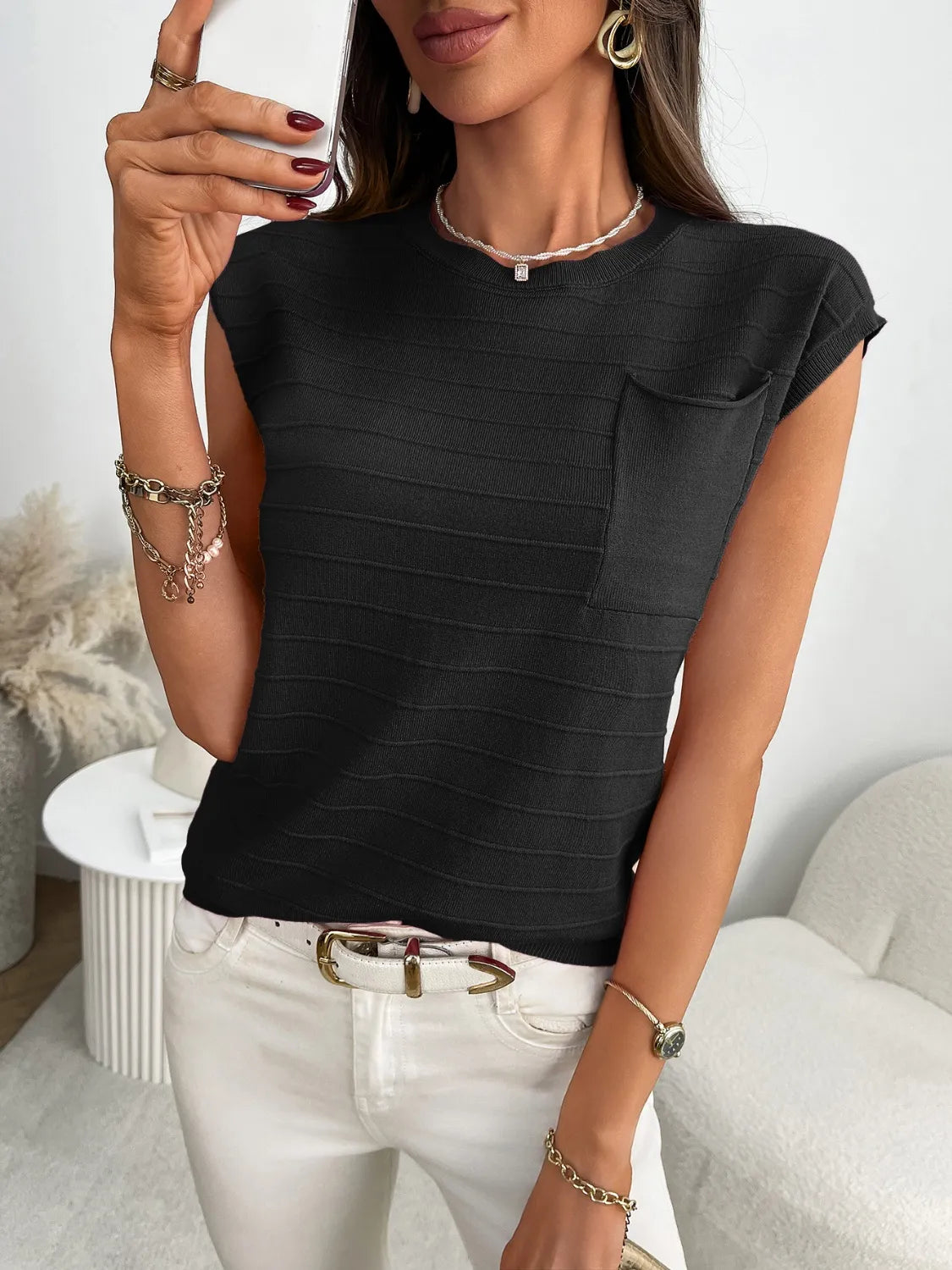 Round Neck Cap Sleeve Knit Top - adritiX