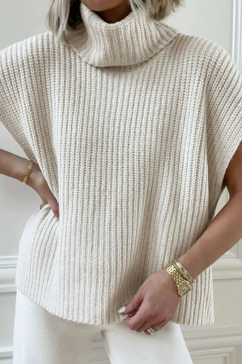 Slit Turtleneck Cap Sleeve Sweater - adritiX
