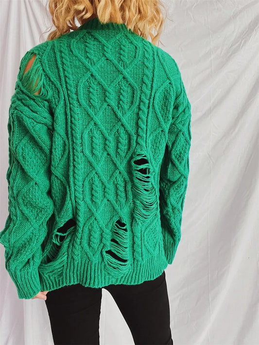 Distressed Cable-Knit Round Neck Long Sleeve Sweater - adritiX