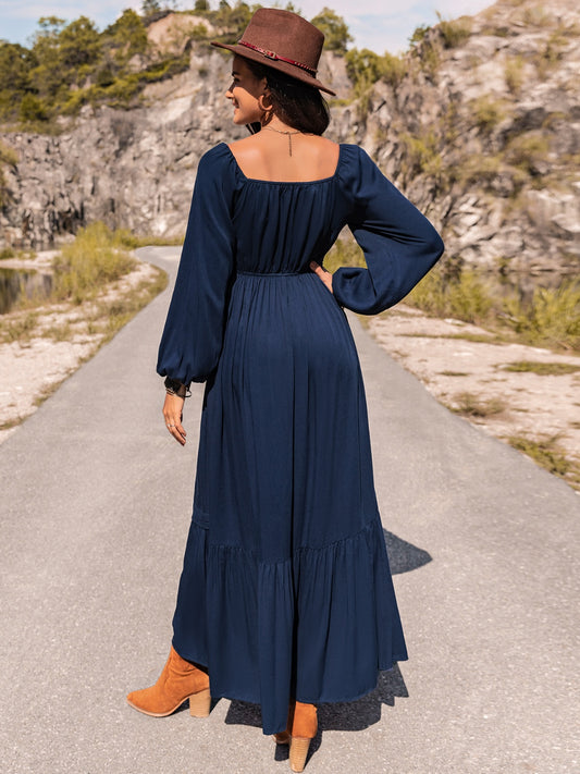Elegant Long Sleeve Lace Trim Maxi Dress - adritiX