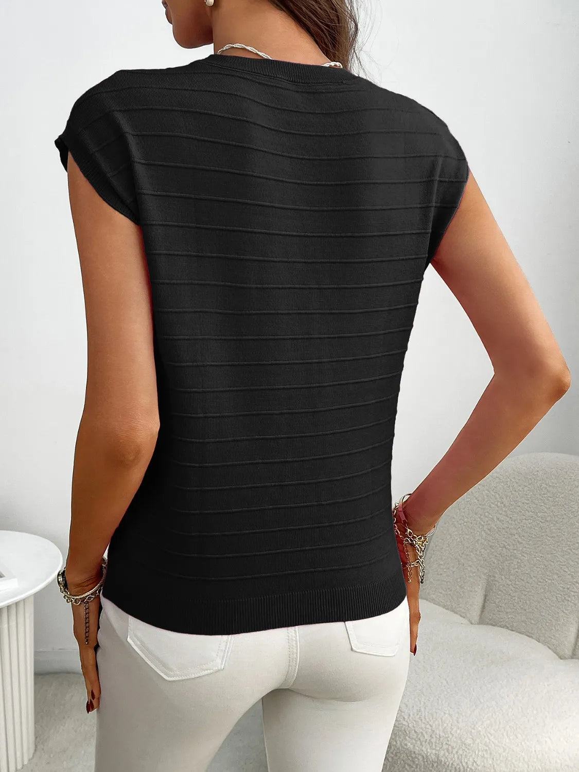 Round Neck Cap Sleeve Knit Top - adritiX
