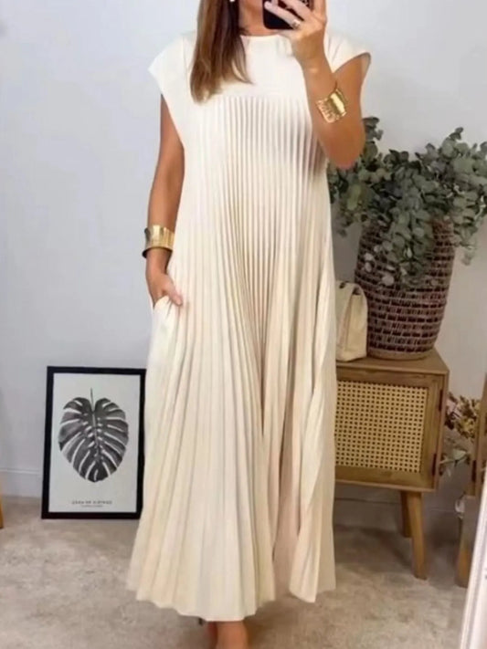 Elegant Full Size Pleated Round Neck Maxi Dress Plus Size - adritiX