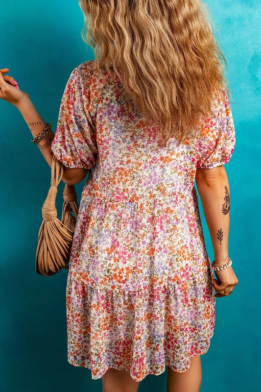 Floral Puff Sleeve Notched Tiered Mini Dress - adritiX