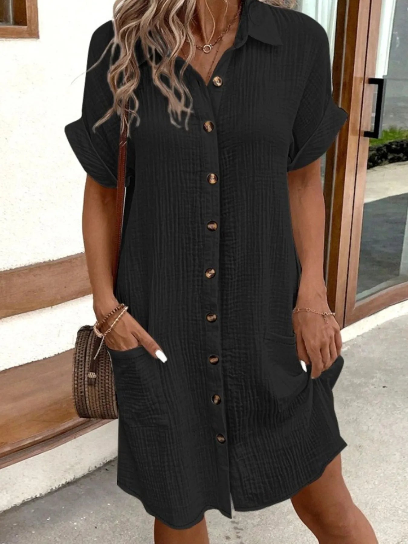 Casual Button Down Cotton Shirt Dress with Pockets - adritiX