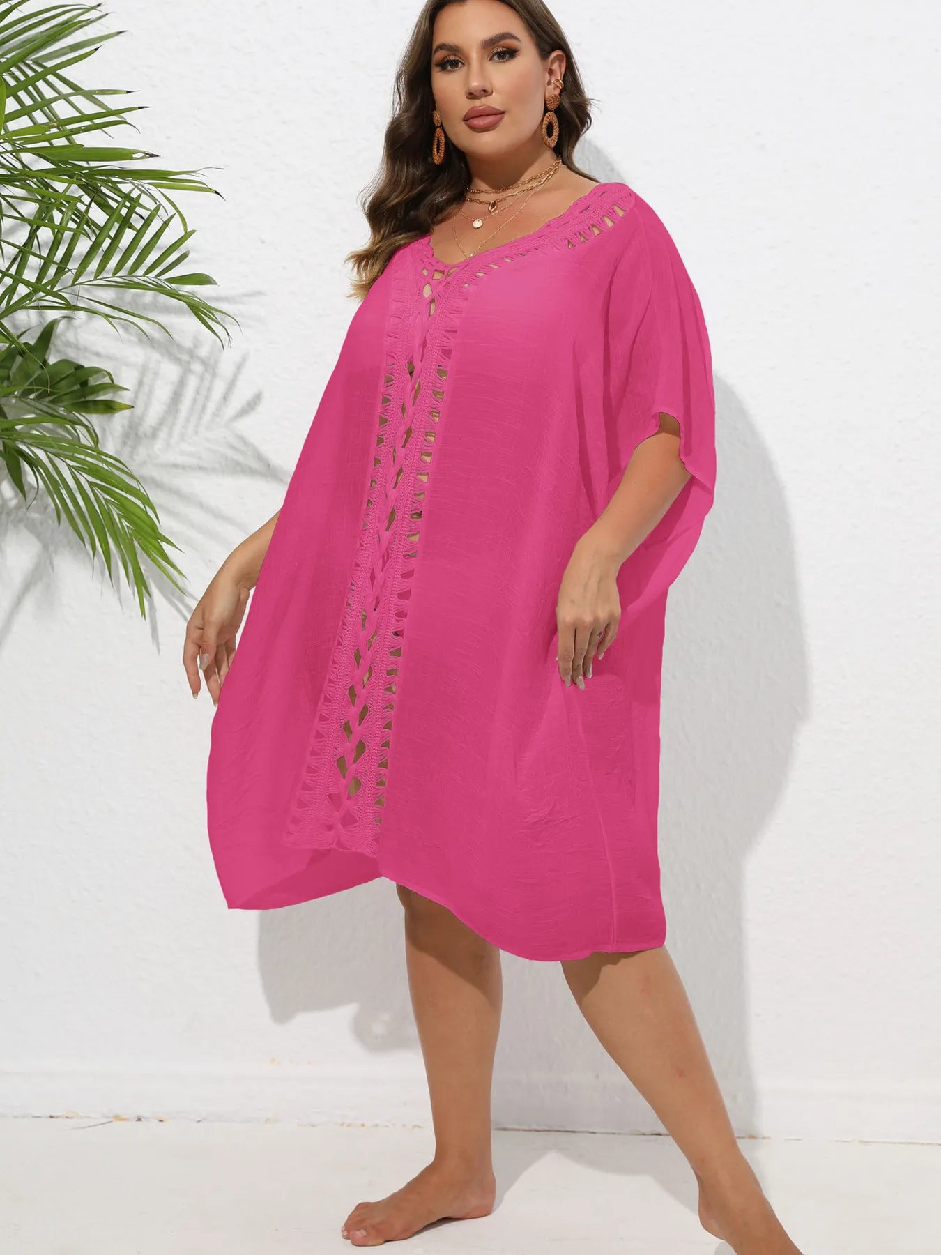 Crochet Trim V-Neck Beach Cover Up Dress - adritiX