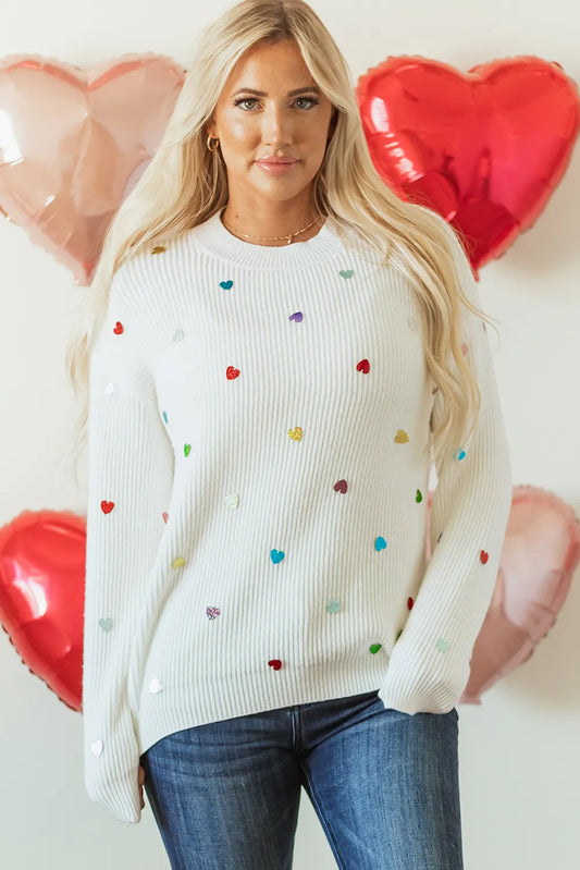 Heart Sequin Round Neck Long Sleeve Sweater - adritiX