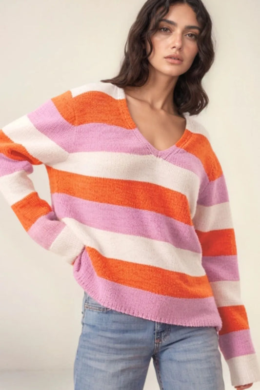 Color Block V-Neck Long Sleeve Sweater - adritiX