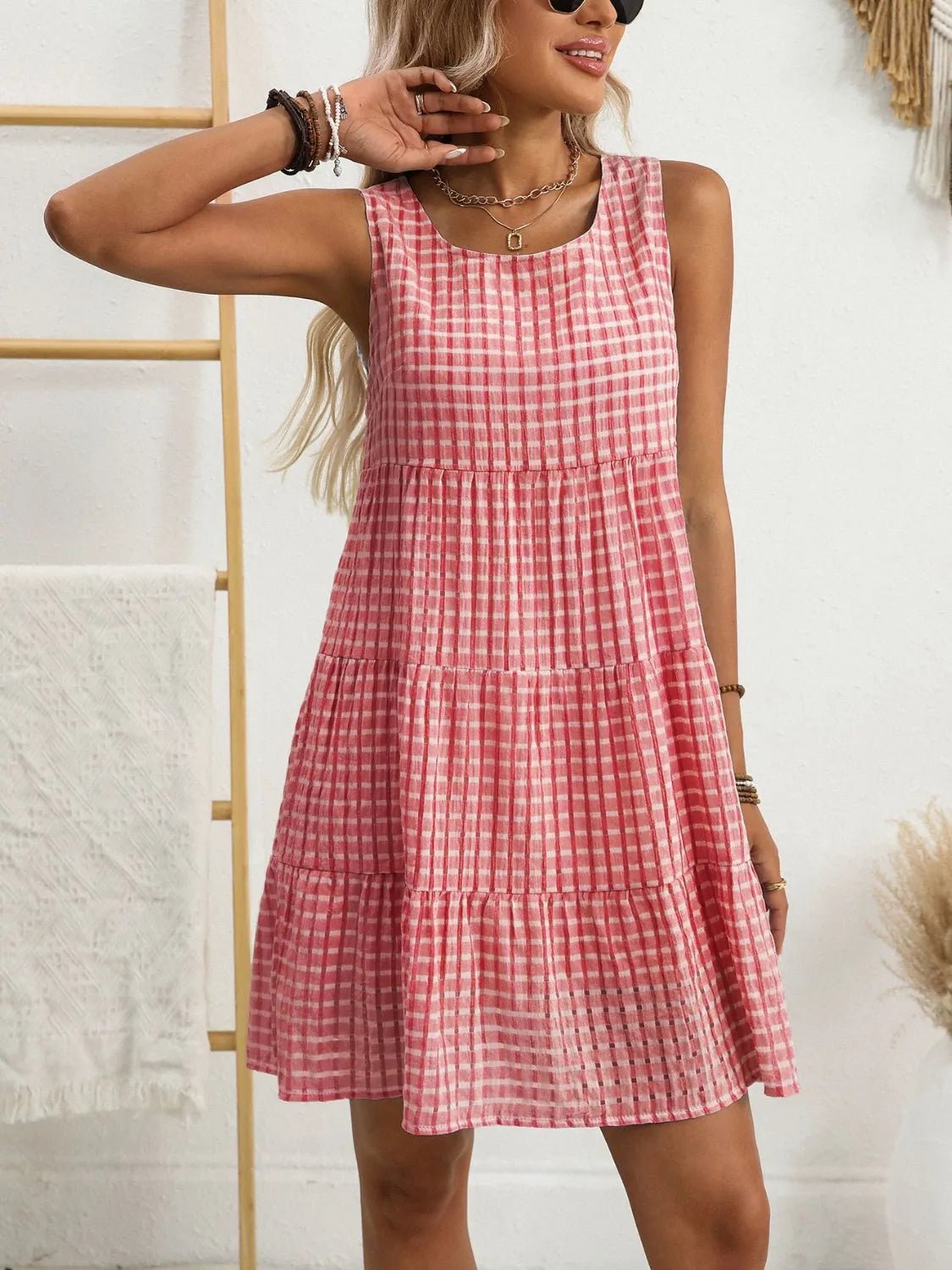 Plaid Round Neck Sleeveless Mini Dress - adritiX