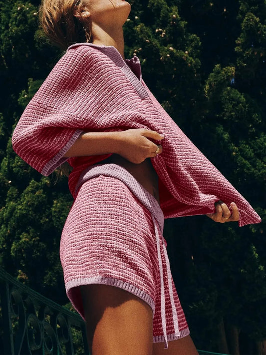 Collared Neck Contrast Striped Top and Shorts Sweater Set - adritiX