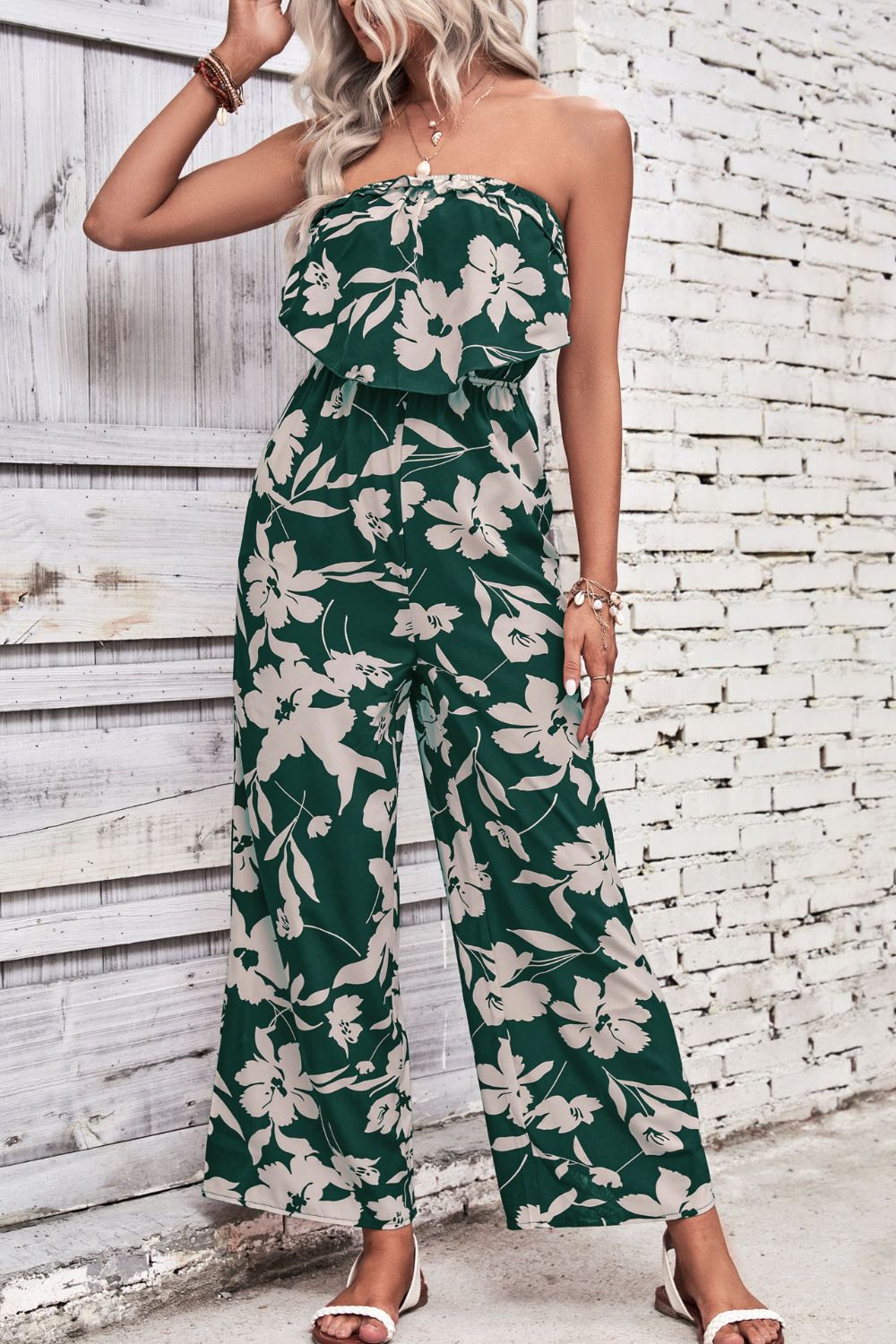 Elegant Perfee Floral Strapless Wide Leg Jumpsuit - adritiX