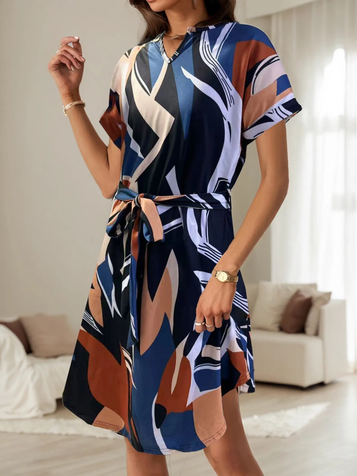 Abstract Print Belted Short Sleeve Midi Dress - adritiX