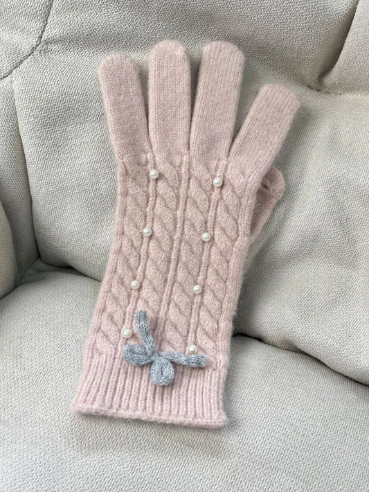 Thermal Pearl Detail Bow Five-Finger Gloves - adritiX