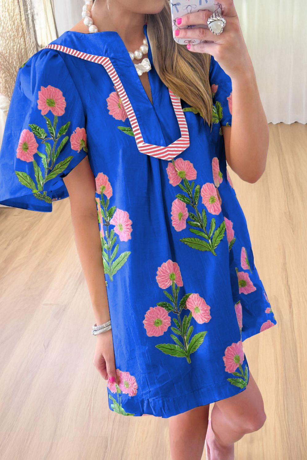 Floral Notched Summer Mini Dress with Striped Trim - adritiX