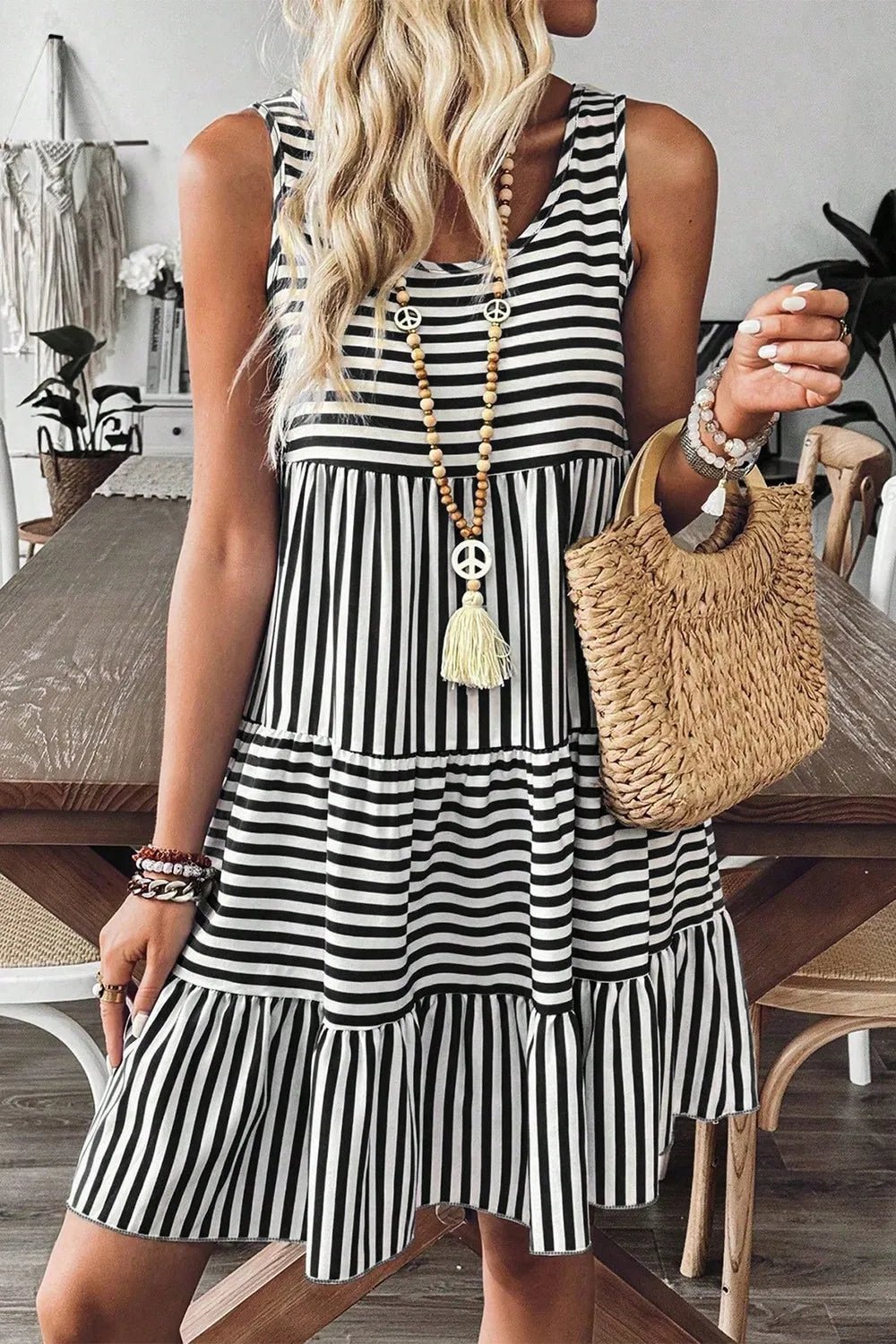 Striped Round Neck Sleeveless Mini Dress - adritiX