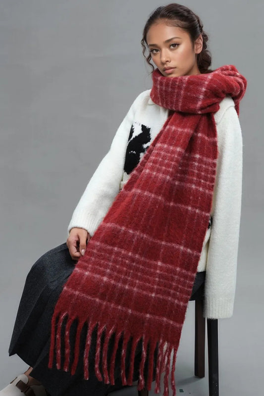 Fringe Plaid Thermal Scarf - adritiX