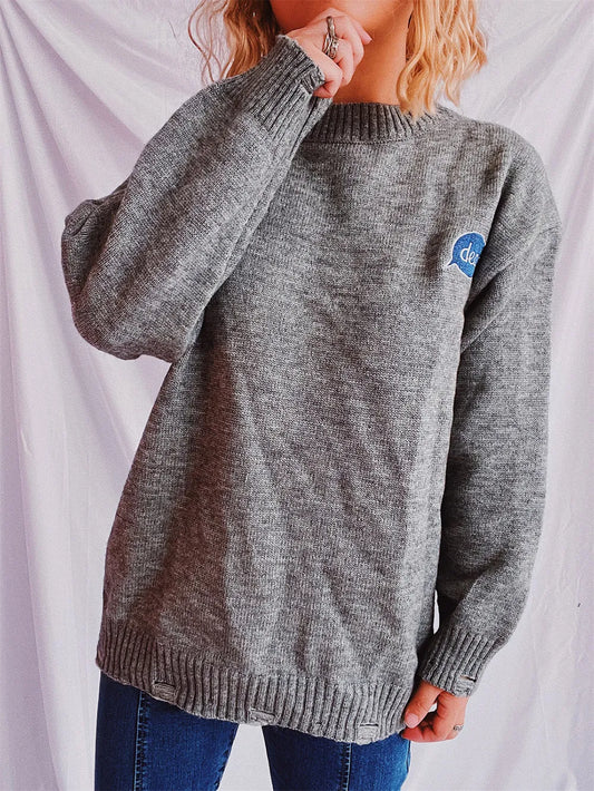 Embroidered Round Neck Dropped Shoulder Sweater - adritiX