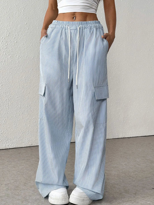 Drawstring Striped Wide Leg Cargo Pants - adritiX