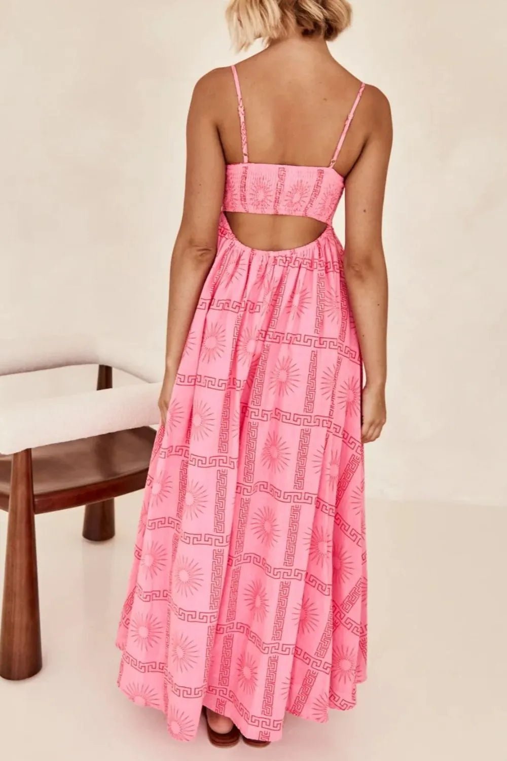 Cutout Back Printed Square Neck Maxi Cami Dress - adritiX