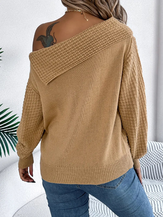 Cable-Knit One Shoulder Long Sleeve Sweater - adritiX