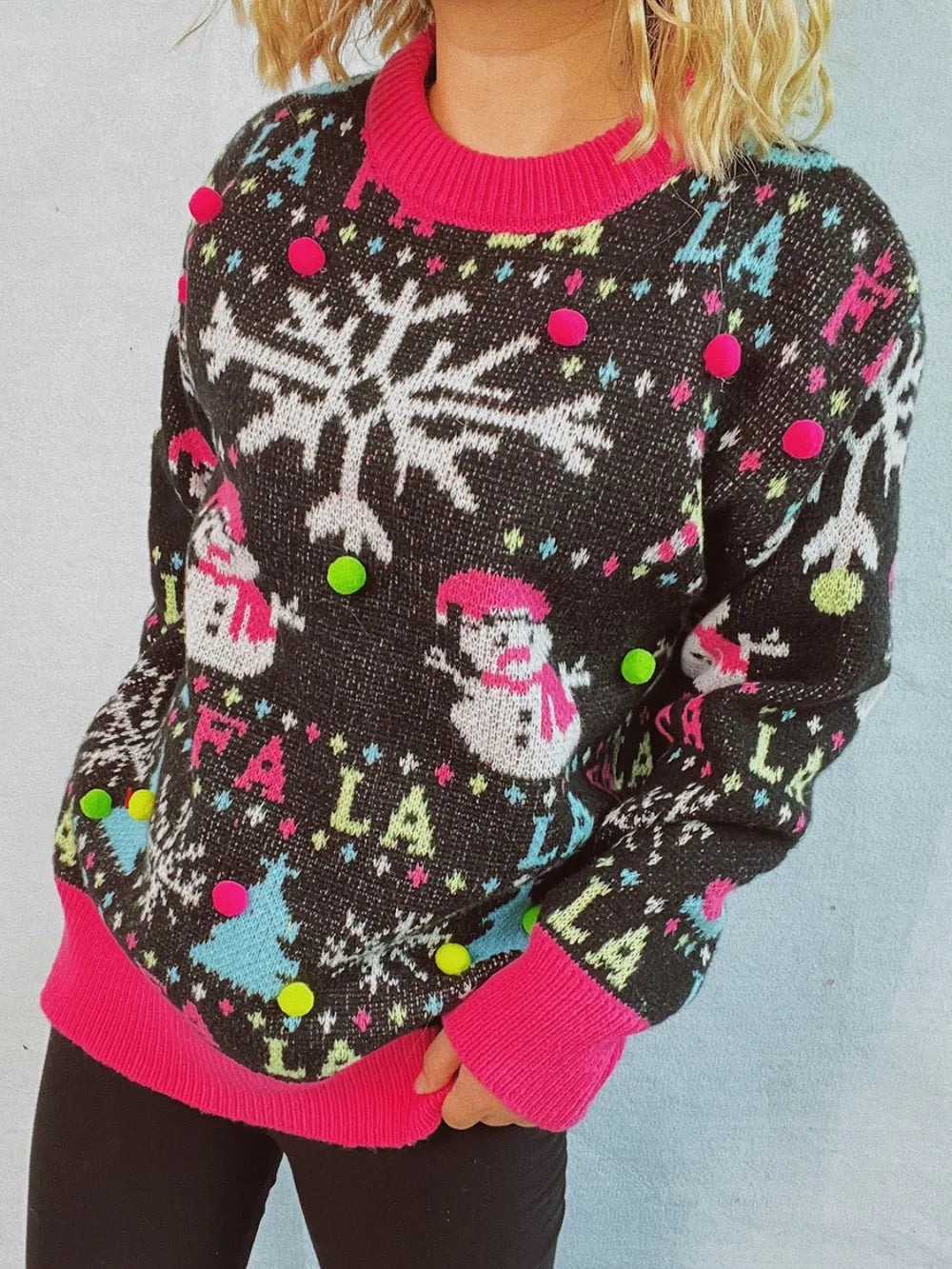 Elegant Snowman Contrast Trim Round Neck Sweater - adritiX