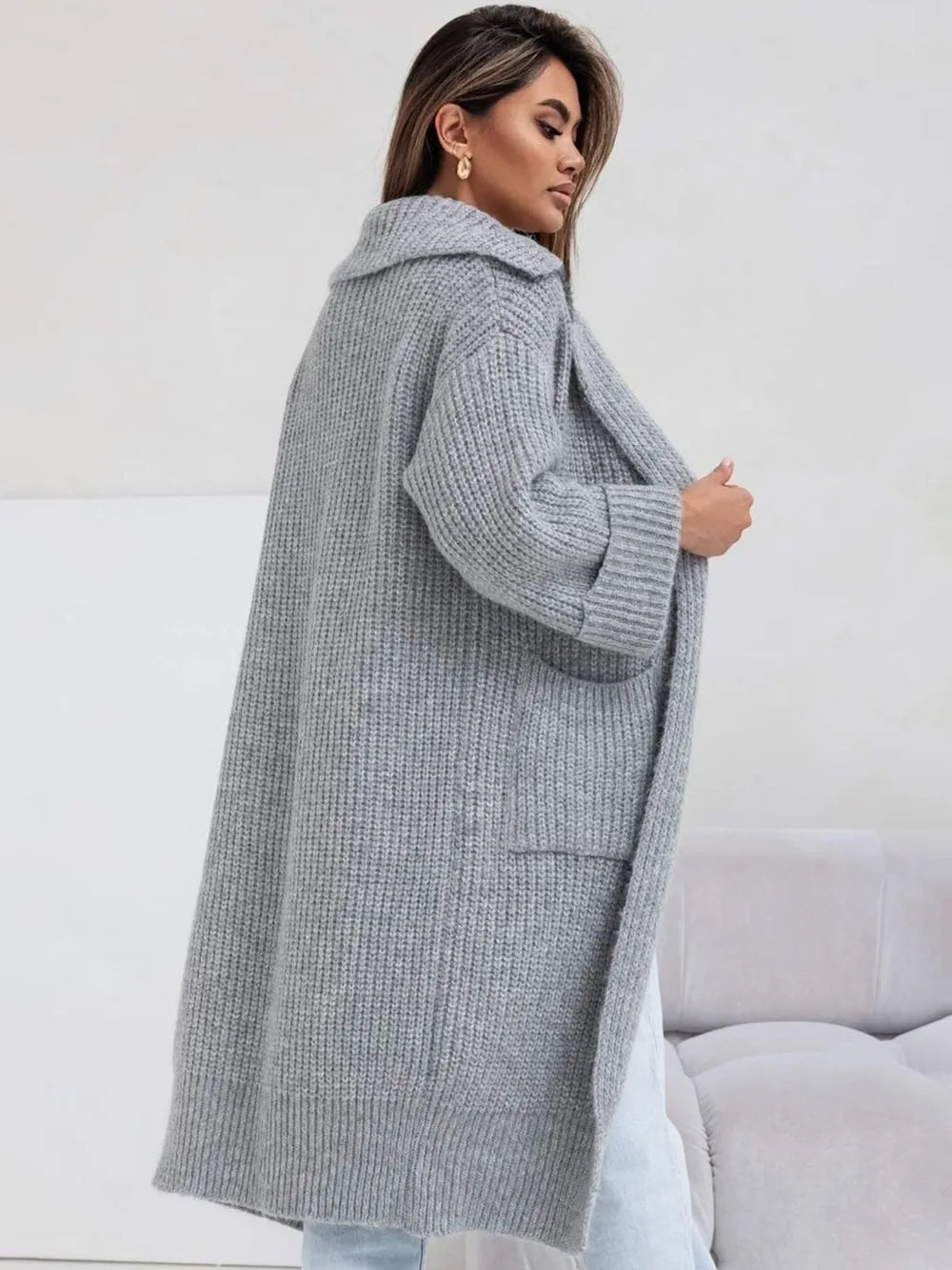 Pocketed Collared Neck Dropped Shoulder Cardigan - adritiX