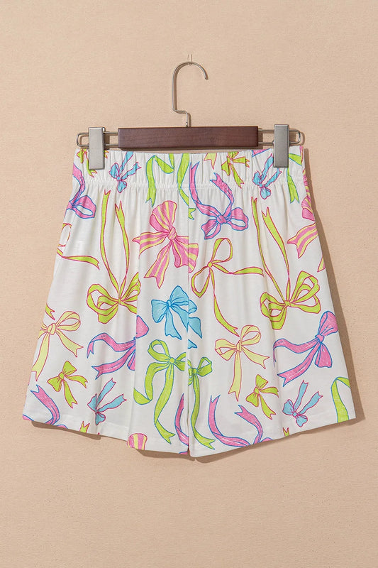 Cheerful Bow Print Elastic Pull On Casual Shorts - adritiX