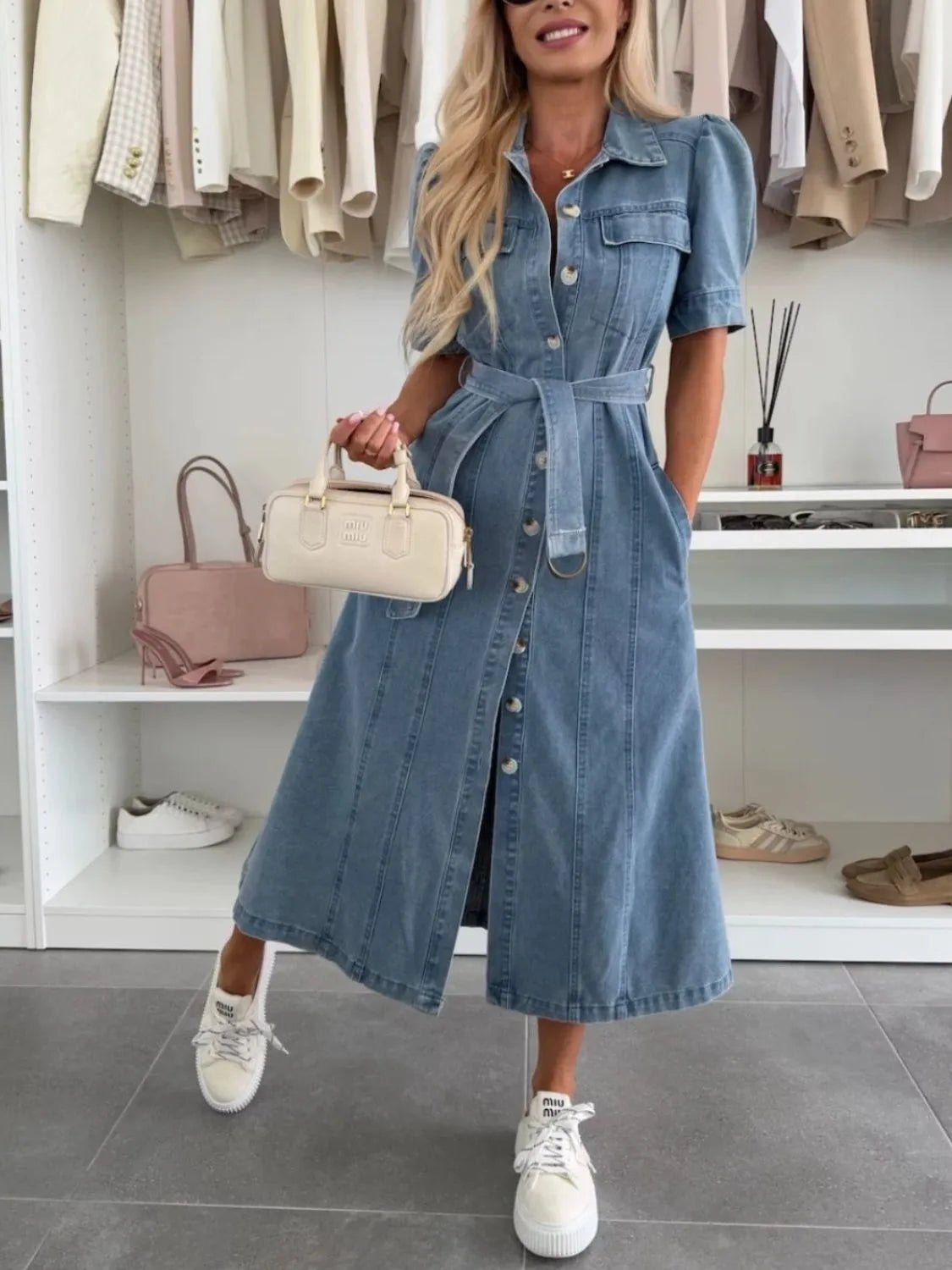 Puff Sleeve Button Down Belted Denim Midi Dress - adritiX