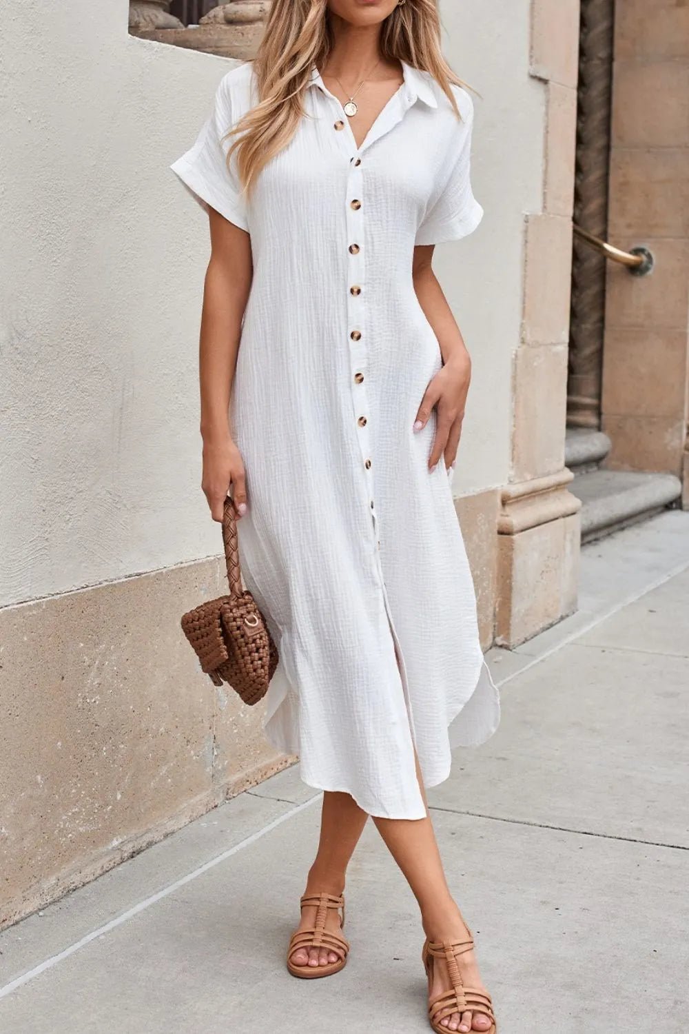 Button Down Short Sleeve Midi Shirt Dress - adritiX
