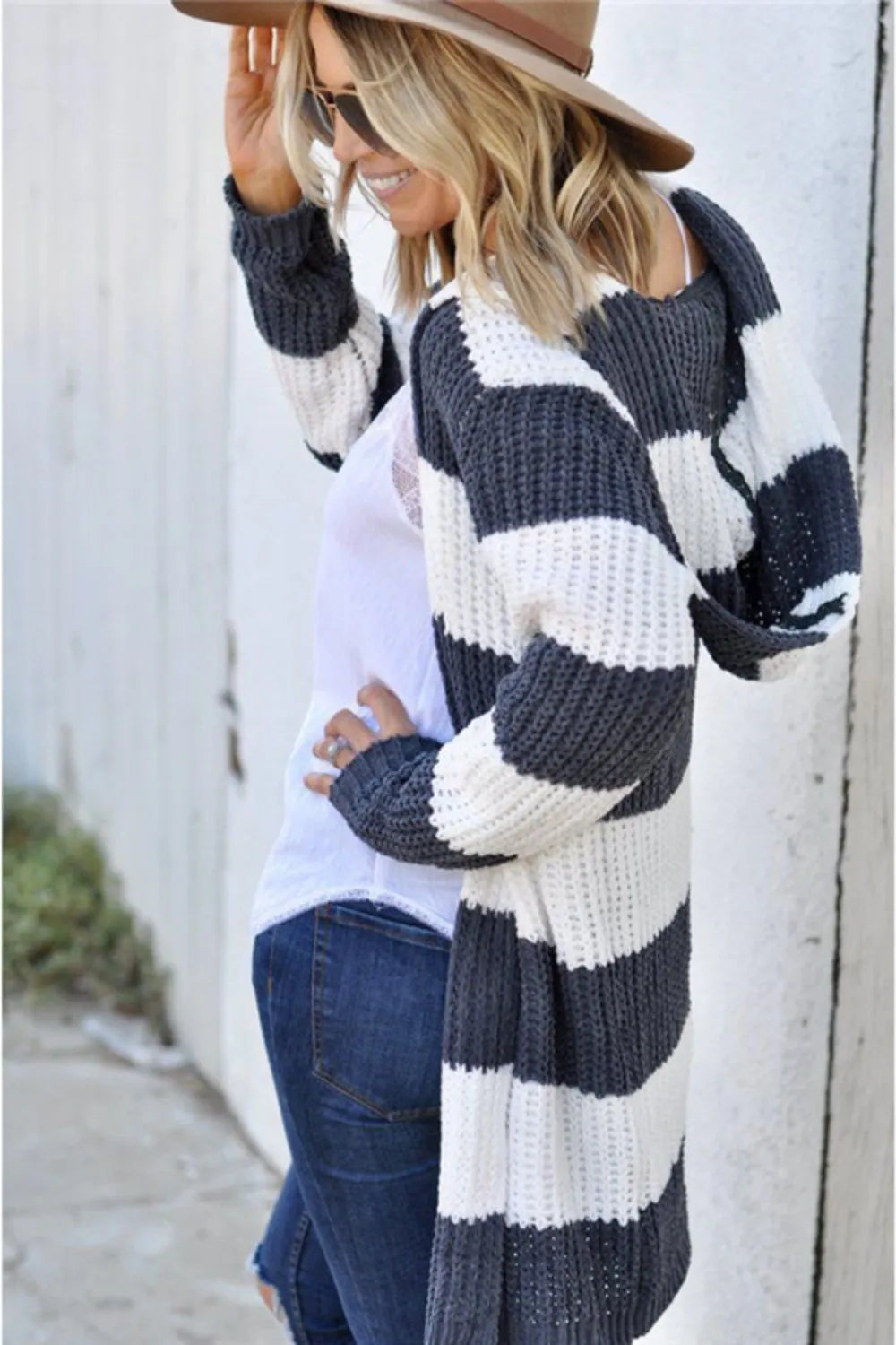 Contrast Stripes Open Front Long Sleeve Cardigan - adritiX